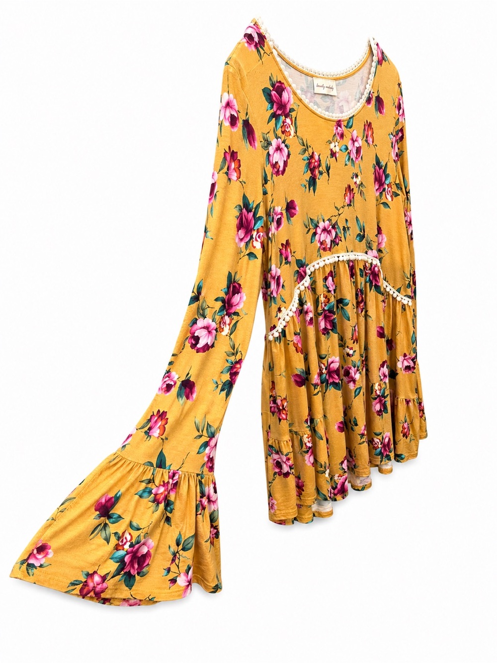 Lovely Melody Mustard Floral Babydoll Top XL Boho Peplum Bell Sleeve Rayon Blend - Picture 4 of 6